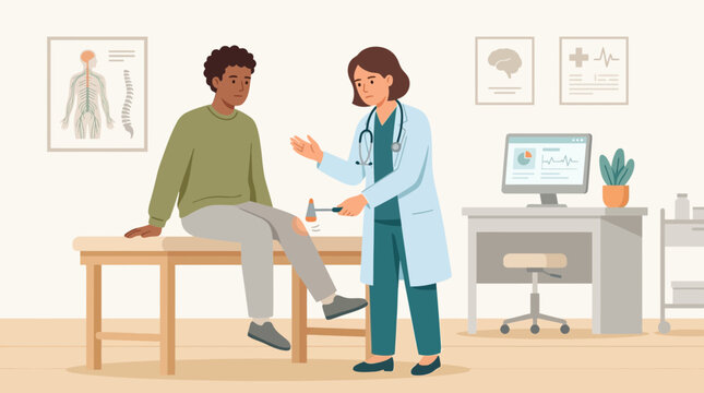 Doctor examining patient's knee reflex in medical office