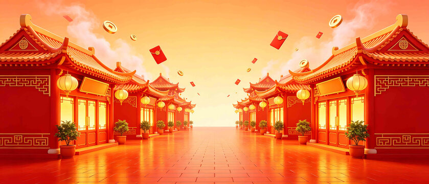 Symmetrical Red Ancient Chinese Corridor With Red Envelopes And Gold Coins