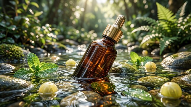 Luxury hair oil product photography, seamless unbranded dark amber glass bottle in clear water stream, floating river stones and amla berries, cinematic morning lighting, photorealistic commercial ass