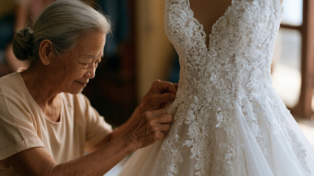 Elderly Vietnamese seamstress with weathered hands carefully pins intricate lace along the cathedral train of a wedding gown in a sunlit Hanoi atelier, her apprentice watching
