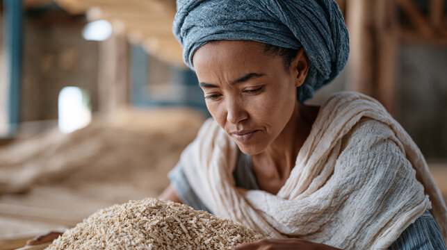 Ethiopian woman on a factory production line carefully feeds sustainable cornstarch packaging pellets into an extrusion mold, overhead conveyors moving finished trays away,