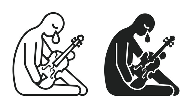 A Lone Musician's Lament: A stylized figure sits in quiet despair, a violin resting in its lap, tears flowing, embodying sorrow and artistic expression.