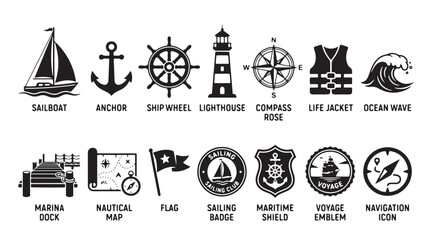 Naklejka premium Nautical icons, sailing symbols, marine signs, vector graphics