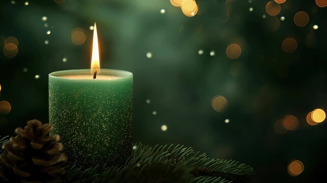 Close green candle flame beside pinecone and evergreen needles with falling specks and golden bokeh, creating intimate Christmas warmth and winter holiday decor mood for seasonal greetings today