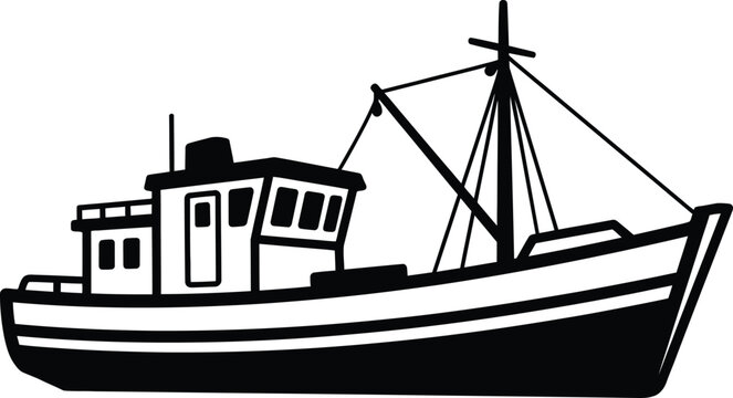 Black and white silhouette of a fishing trawler boat with mast and rigging fishing boat maritime