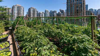 Fototapeta premium Urban Farming Paradise: Rooftop Garden with Fresh Vegetables and Green Plants in the Heart of Cityscape | Sustainability and Urban Agriculture Innovation in Eco-Friendly High-Rise Buildings