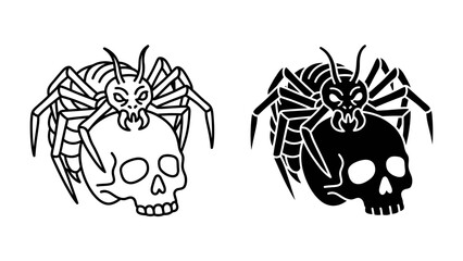 Arachnid and Skull Duo: A striking illustration depicts an insect with spider-like legs and ant-like features perched atop a human skull, presented in both outline and solid black versions. © hasnat