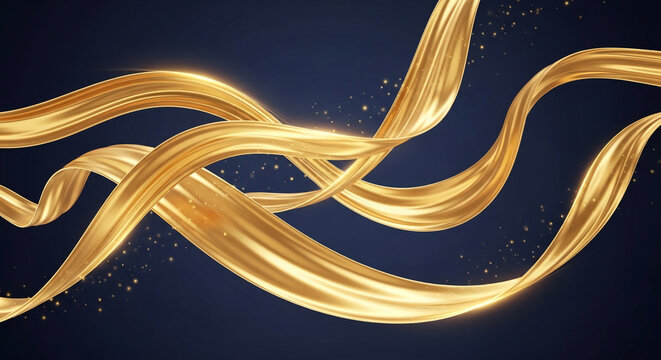 Flowing golden ribbon with sparkling effect on a dark blue background, symbolizing luxury, celebration, and elegance