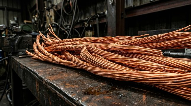 Recycled Copper Wire Coils on Industrial Workbench