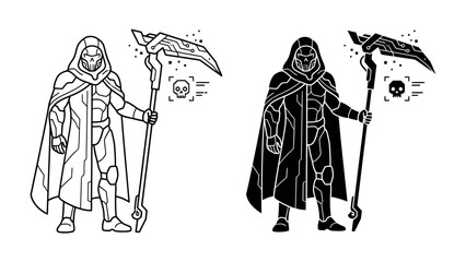 Mysterious Harbinger: A cloaked, armored figure with a menacing scythe stands stoically, symbolizing destiny and the unknown. The dual depiction, one outlined and the other silhouetted. © hasnat