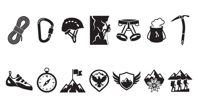 Outdoor adventure icons, hiking symbols, climbing graphics, camping signs, 13 black vector logos