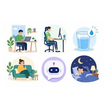 AI Healthy Remote Work Routine Icon Set