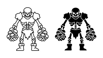 Monstrous Skeleton Warrior: A fierce skeleton warrior, depicted in both outline and silhouette, stands powerfully, wielding hands full of skulls, ready for battle. © Mohammad
