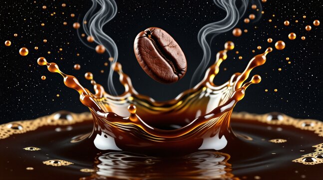 Single coffee bean drops into dark liquid causing a large splash. Steam rises from hot beverage. Close up shot captures dynamic droplet formation and rich brown color.