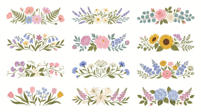 Twelve elegant floral divider concepts with hand drawn botanical elements and wild flowers