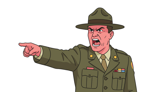 Stern drill sergeant wearing a campaign hat points aggressively toward a target while expressing anger or delivering strict discipline.