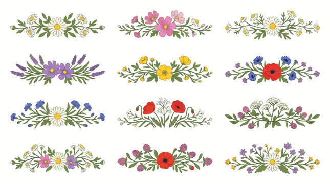 Collection of twelve unique floral vignettes with hand drawn wildflowers and green leaves