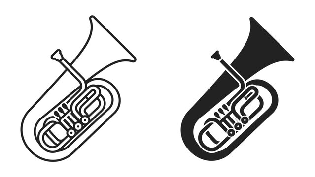 Tuba Iconography: A clear illustration of a tuba in both line art and silhouette, showcasing the iconic brass instrument with its intricate valves and bell.