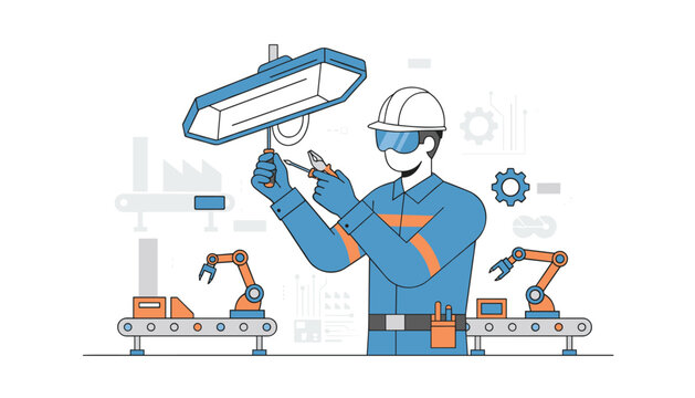 Factory worker wearing smart virtual reality glasses and holding tools while overseeing robotic arms on an automated manufacturing production.