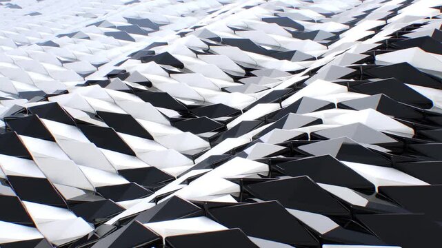 3D animation of abstract black and white low poly geometric surface waving in seamless loop. Elegant monochrome polygon background for tech or corporate video.