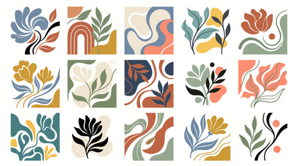 Fototapeta premium Collection of decorative botanical corner frames with artistic floral and leaf motifs in a contemporary flat vector style, ideal for elegant page borders, wedding cards, and creative graphic design. 