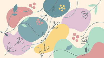 Fototapeta premium Abstract floral pattern with organic shapes and soft pastel blobs, delicate line art botanical elements for modern design projects, greeting cards, social media posts, and creative digital wallpaper a