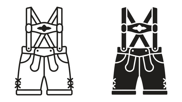 Traditional Bavarian Lederhosen Icon: A clean, graphic representation of traditional Bavarian leather shorts with suspenders, shown in both outline and solid black.