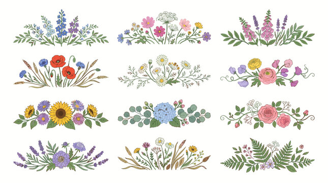 Twelve elegant floral divider concepts with hand drawn botanical elements and wild flowers
