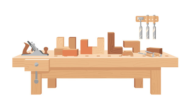 Workbench with wooden blocks and carpentry tools including a hand plane and chisels arranged on a white background in a flat vector illustration style.