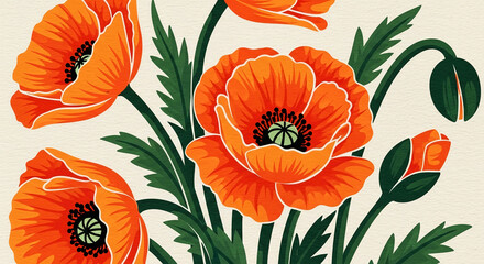 Fototapeta premium Stylized orange poppy flowers with green leaves on a textured cream background, symbolizing remembrance and nature's beauty