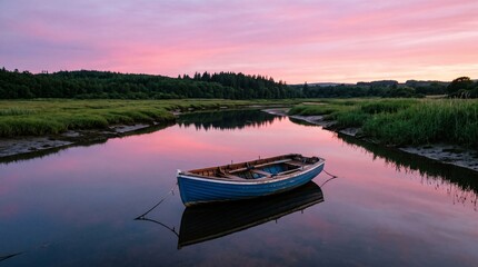 Obraz premium Blue wooden rowboat floating on a calm river at sunset, beautiful vibrant pink sky reflection in the water, peaceful landscape scenery