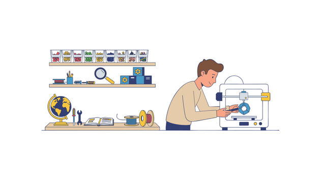 Man working on a prototype using a 3D printer in an organized engineering lab with tools and reference materials on the shelves.