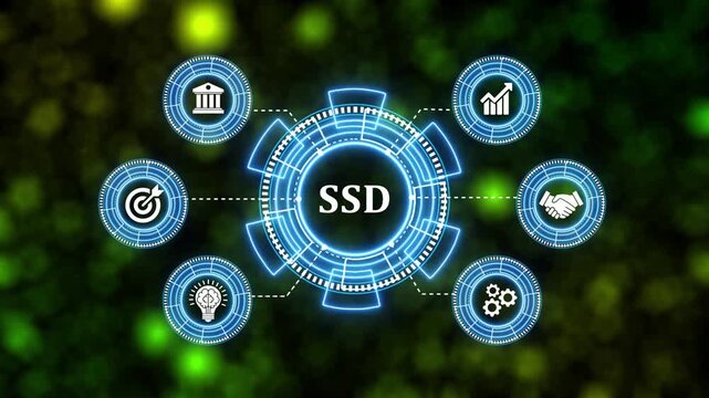 Digital ssd text display with animated tech circular interface on blurry background.