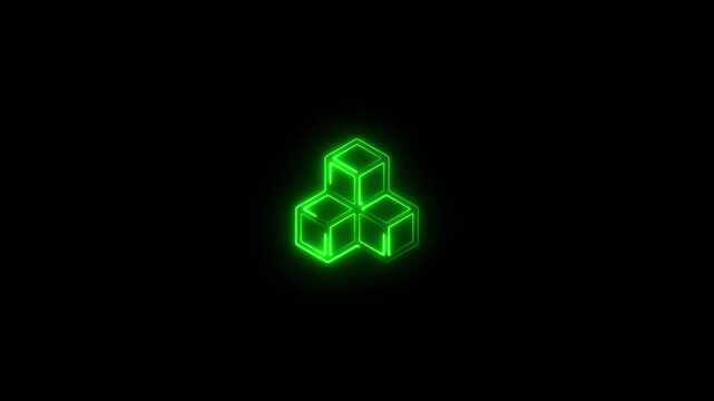 Green neon glowing blockchain cubic concept with 3d isometric blocks on dark black background for digital crypto technology icon