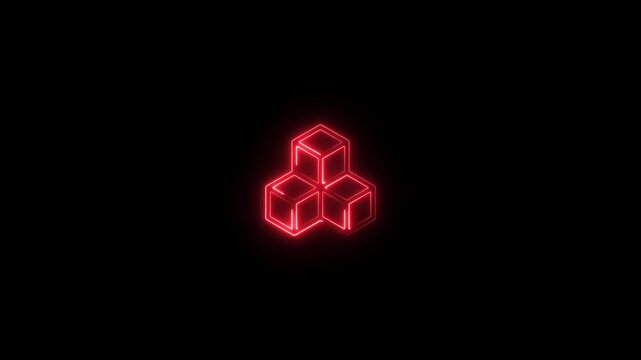 Red neon glowing blockchain cubic concept with 3d isometric blocks on dark black background for digital crypto technology icon