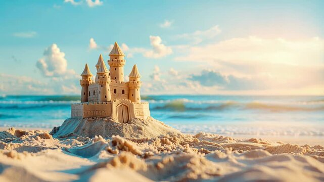 Sandcastle with tall towers stands on sunny beach beside rolling ocean waves and golden sky, creating cheerful summer vacation setting for family travel, coastal play and resort leisure themes