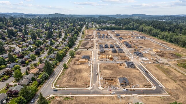 New Housing Development: An aerial view showcases a sprawling new housing development with rows of unfinished homes under construction, surrounded by mature trees and existing suburban neighborhoods.
