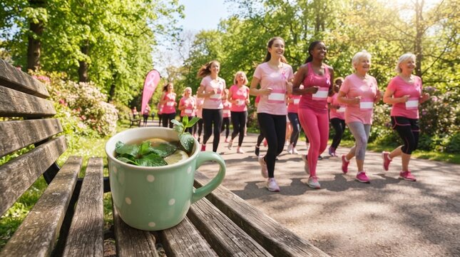 Pink Ribbon Runners and Refreshment: A group of women in pink participate in a race, with a refreshing cup of herbal tea on a park bench in the foreground, symbolizing health and community support.