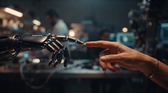 Humanity Meets Machine: A close-up shot captures the intimate moment of a human finger touching the metallic fingertip of a robotic hand, symbolizing the intersection of technology and humanity.