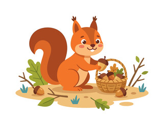 Fototapeta premium Cute Squirrel Character Gathering Acorns in a Basket - Autumn Harvest Illustration