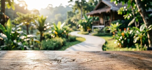 Fototapeta premium Wooden Table Top with Tropical Garden Path and Cottage View for Web Design