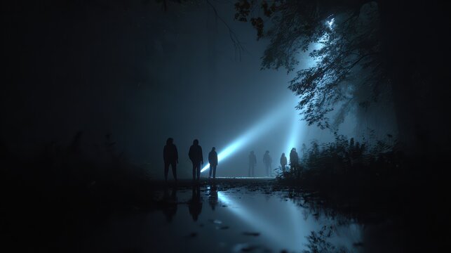 group of people searching in a forest at night, flashlights scanning the area, fog and shadows