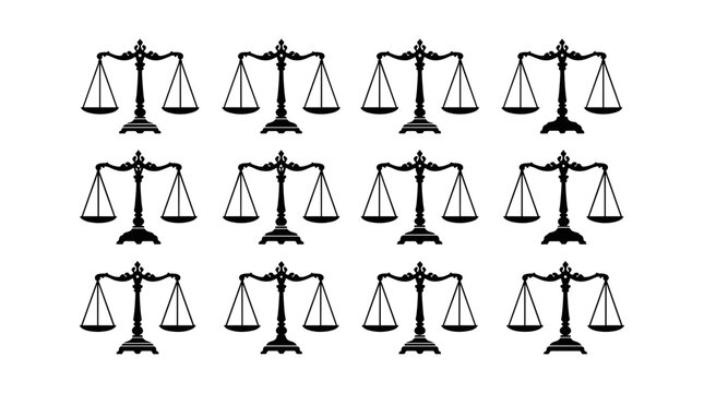 Scales of Justice Icon Set with Ornate Balance Design in Black Monochrome for Legal and Law Education