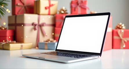 Fototapeta premium white blank laptop screen on the background of gift boxes