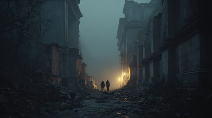 Naklejka premium two people searching in a dark urban street, soft fog, street lamps glowing, cinematic shadows, ultra realistic 8k