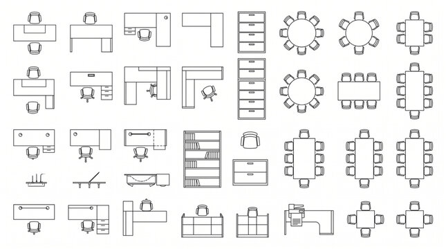 Collection of office furniture icons and workstation layouts in top view thin line vector style. Including desks, chairs, conference tables, filing cabinets, and workplace equipment for CAD plan.