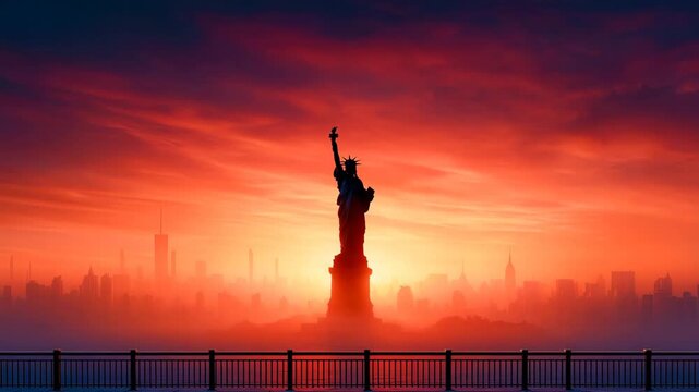 Torch statue silhouette against a dramatic sunset sky