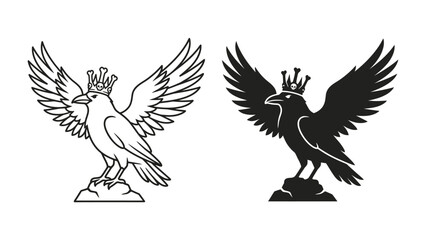 Raven King Silhouette and Outline: A regal raven wearing a crown stands majestically on a rock, with its wings spread wide in both a detailed outline and a striking silhouette. © asad
