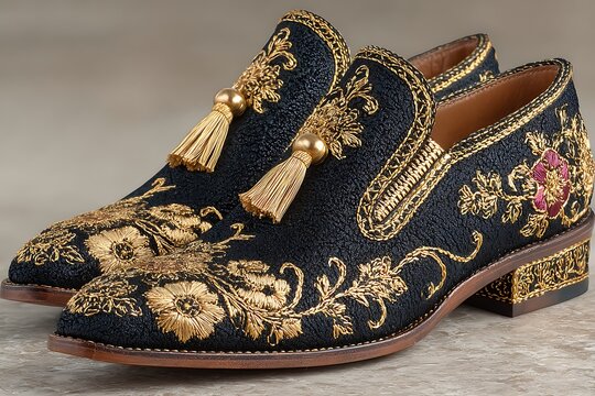Ornate black loafer shoes with intricate gold embroidery and tassels, close-up detail