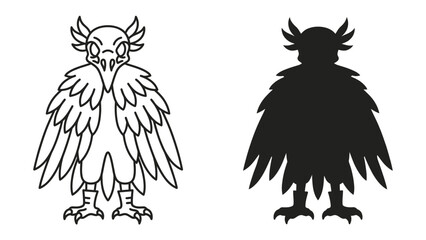 Stylized Owl Illustration and Silhouette: A whimsical line drawing of an owl stands beside its solid black silhouette, showcasing its feathered wings and sharp talons. © asad